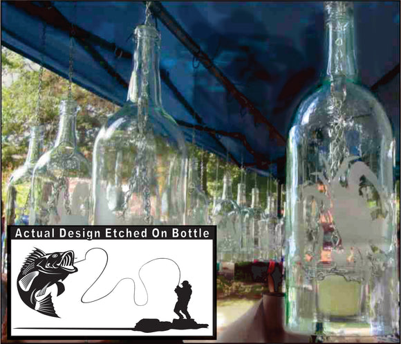 Wine Bottle Candle Holder with Bass Fishing Etching