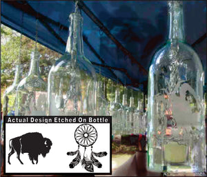 Wine Bottle Candle Holder with Buffalo Dream Catcher Etching